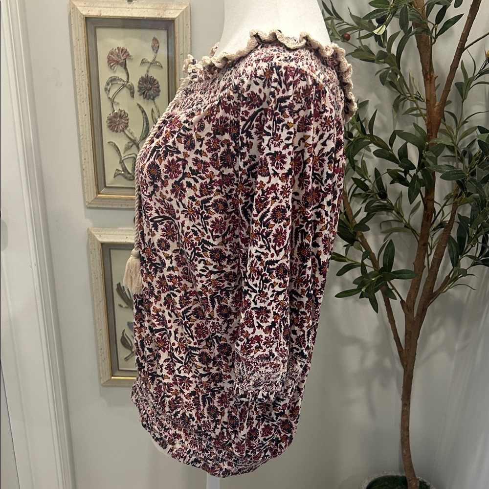 Lucky Brand Boho Floral Tassel Peasant Top - Cream and Burgundy - Picture 3 of 5